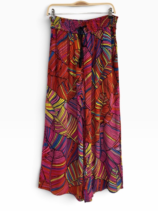 For The Republic Pants - For The Republic Wide Leg Pants Large Neon Leaf Print Palazzo Drawstring Boho